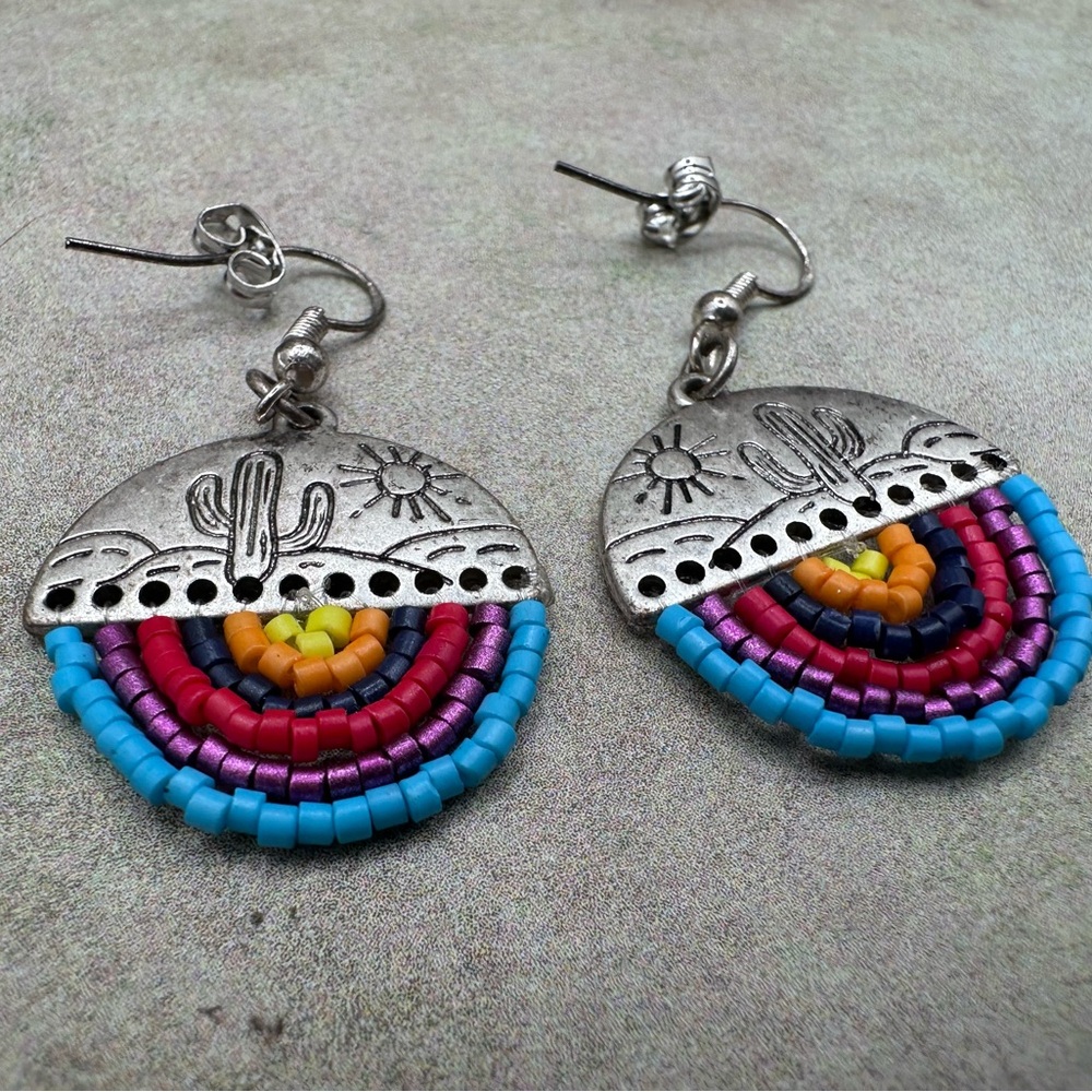 Boho Turquoise Multicolor Beaded Cactus Drop Earrings